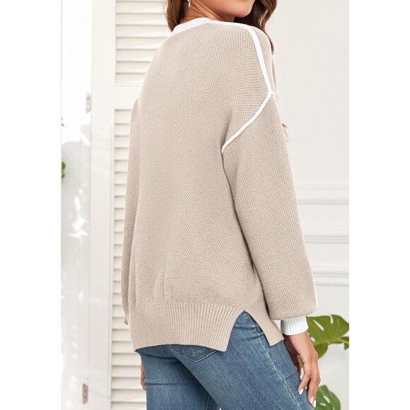 Women's Oversized Color Block Sweater Wool Blend Fall Winter Casual - Picture 4 of 5